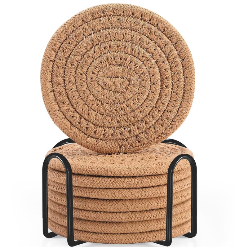 ABenkle 8 Pcs Drink Coasters with Holder  Cotton Woven Absorbent Coasters for Drinks  Minimalist Home Decor Coaster Set for Wooden Tabletop Protection Table  4.3 inches Brown - Image 1